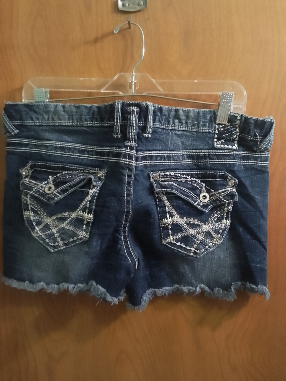 Dark Wash Amethyst Embroidered Denim Cutoff Shorts - Blue